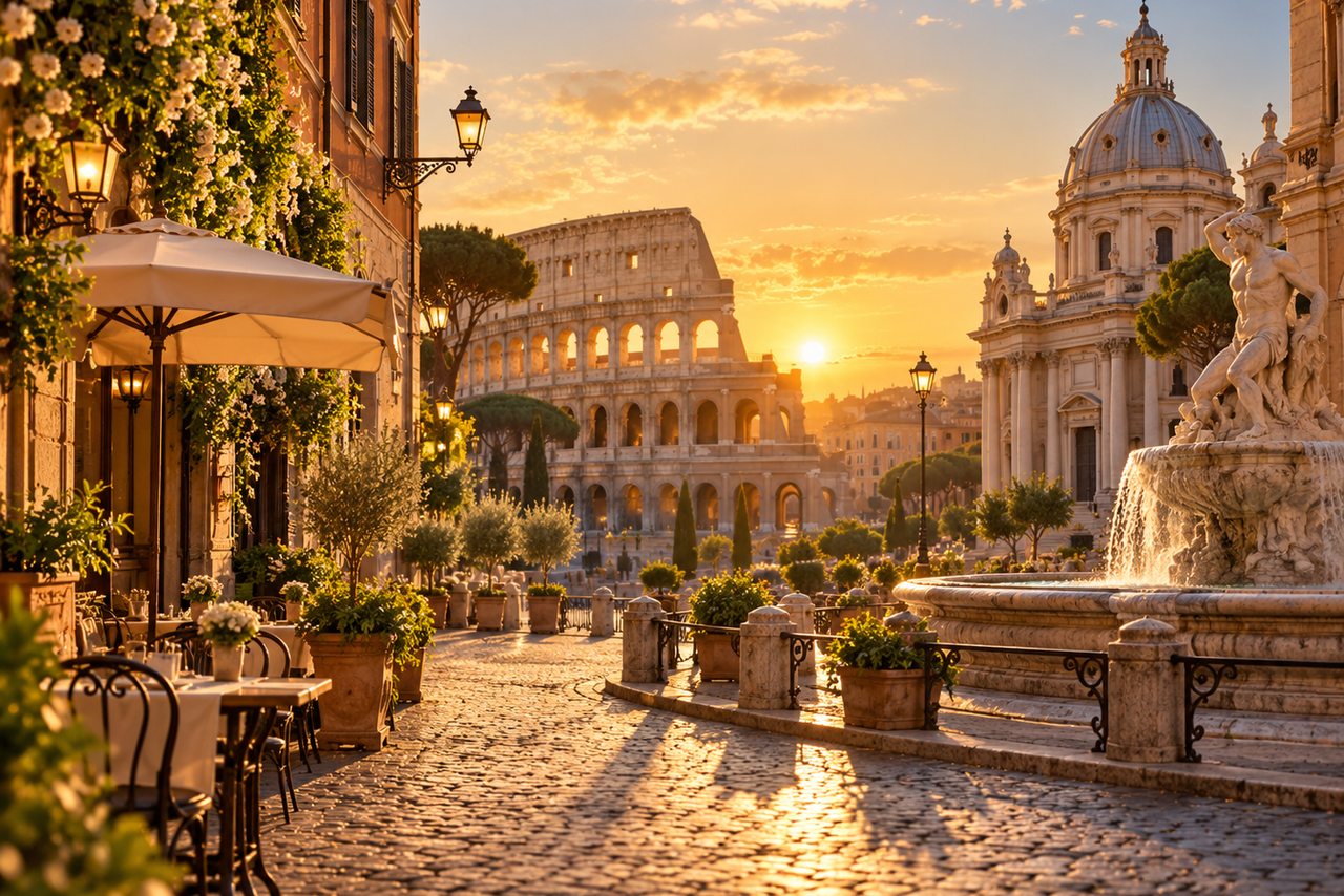 AI travel illustration inspired by rome; not a photograph of an actual tour